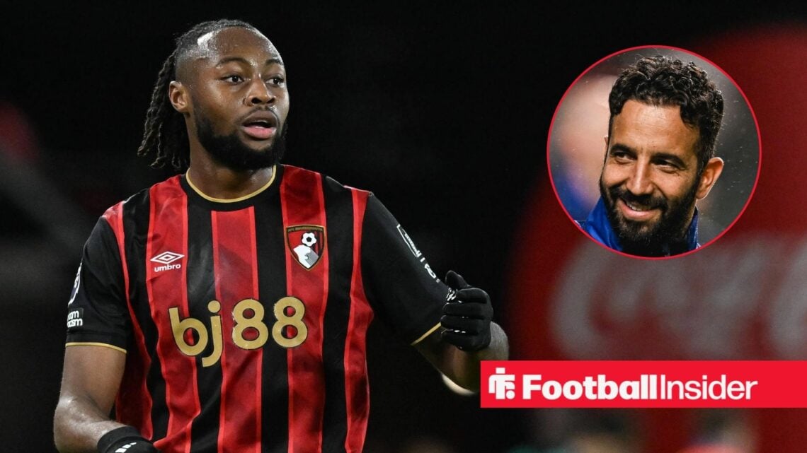 Bournemouth winger Antoine Semenyo with Manchester United manager Ruben Amorim smiles inset