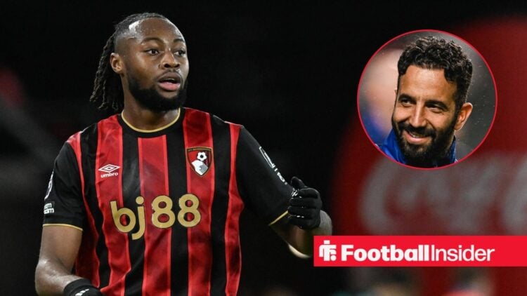 Bournemouth winger Antoine Semenyo with Manchester United manager Ruben Amorim smiles inset