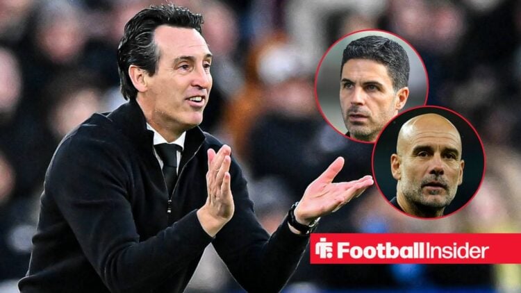 Aston Villa manager Unai Emery claps with Arsenal manager Mikel Arteta and Manchester City manager Pep Guardiola inset