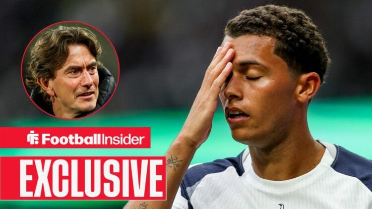 Tottenham winger Brennan Johnson with Thomas Frank smiles inset