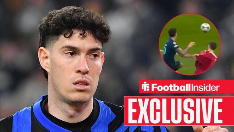 Inter Milan defender Alessandro Bastoni with pulling Liverpool midfielder Florian Wirtz's shirt inset