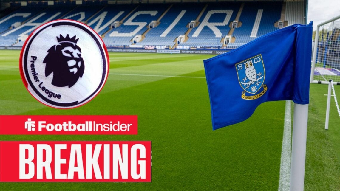 Sheffield Wednesday stadium Hillsborough with Premier League badge inset
