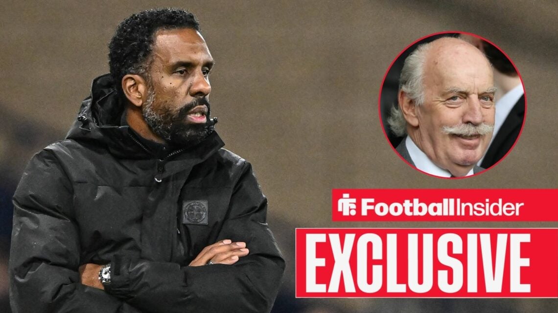 Celtic head coach Wilfried Nancy crosses his arms with owner Dermot Desmond inset