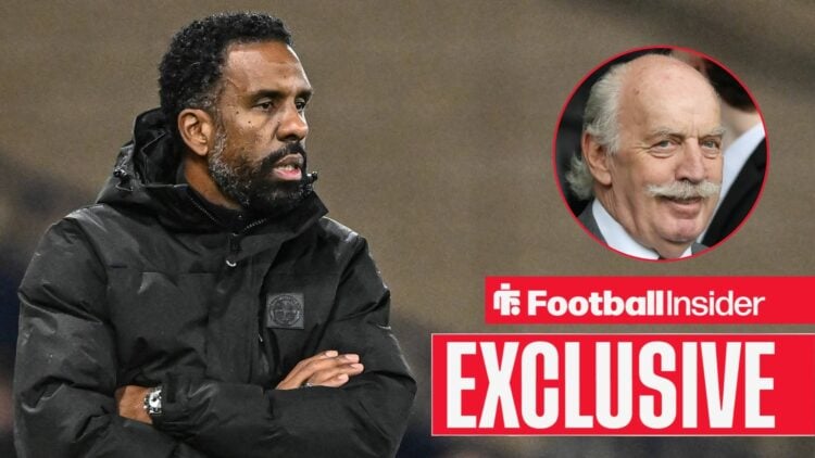 Celtic head coach Wilfried Nancy crosses his arms with owner Dermot Desmond inset