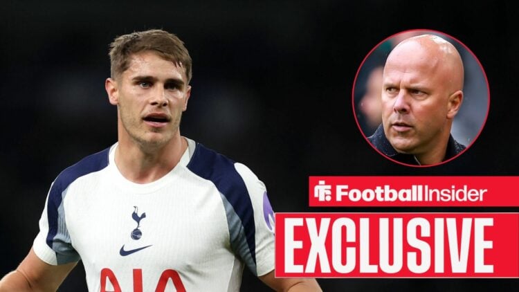 Tottenham defender Micky van de Ven with Liverpool manager Arne Slot inset