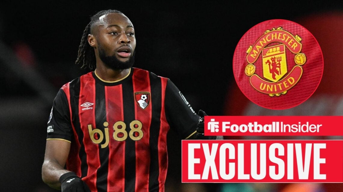 Antoine Semenyo looking at Manchester United badge in circle