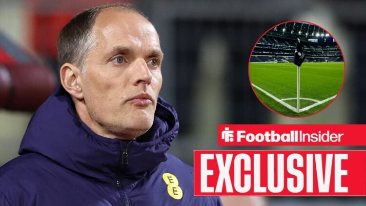 Thomas Tuchel looking at Tottenham Hotspur Stadium in circle