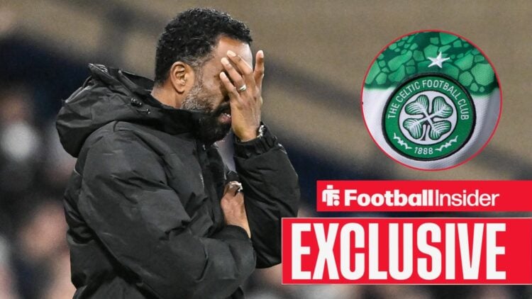 Wilfried Nancy with head in hands with Celtic badge in circle