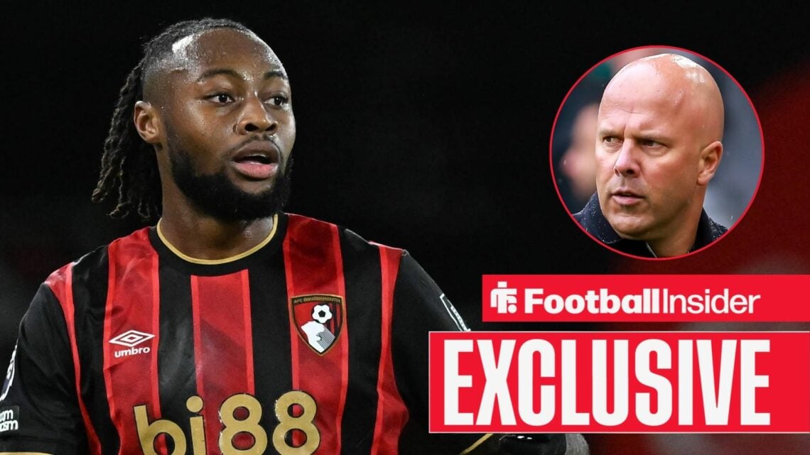 Bournemouth winger Antoine Semenyo with Liverpool manager Arne Slot inset