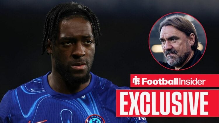 Chelsea defender Axel Disasi with Leeds manager Daniel Farke inset