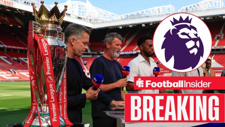 The Premier League trophy and Sky Sports pundits at Old Trafford