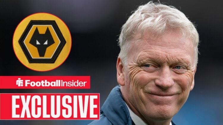 Everton manager David Moyes smiles with Wolves badge inset