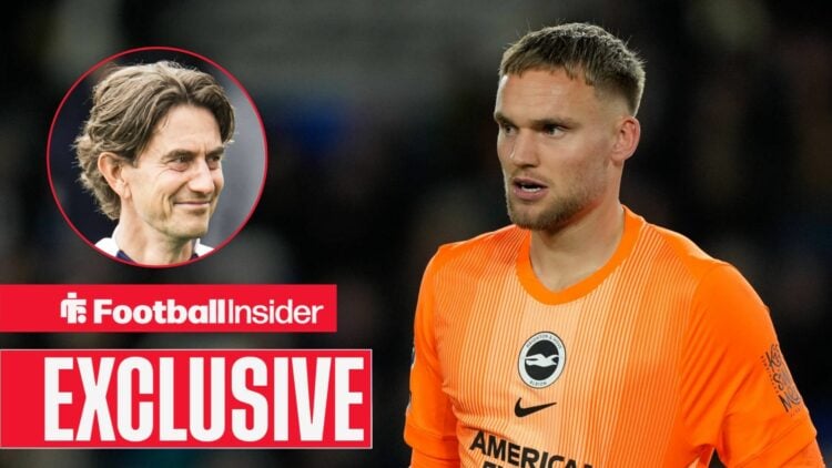 Brighton goalkeeper Bart Verbruggen with Tottenham manager Thomas Frank inset