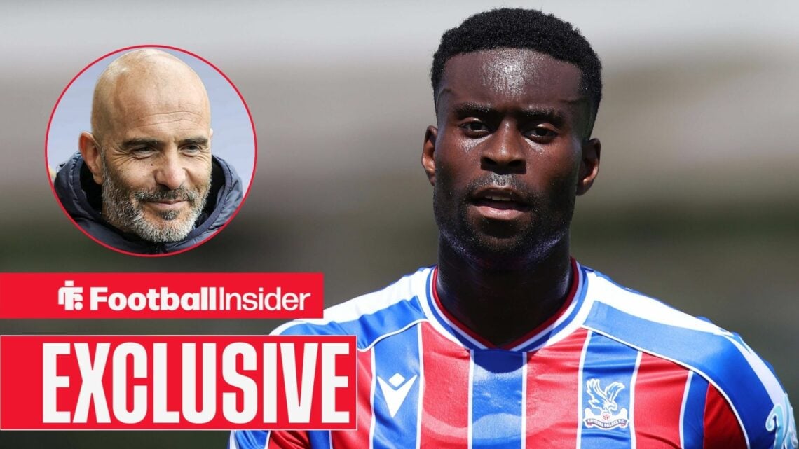 Crystal Palace defender Marc Guehi with Chelsea manager Enzo Maresca smiles inset