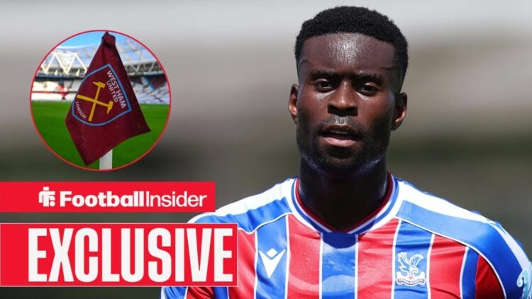 Crystal Palace defender Marc Guehi with West Ham corner flag inset