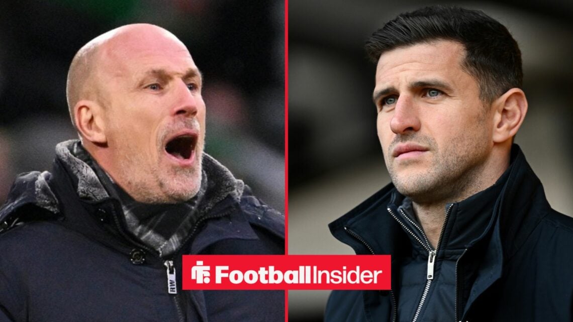 Norwich City manager Philippe Clement with Portsmouth manager John Mousinho