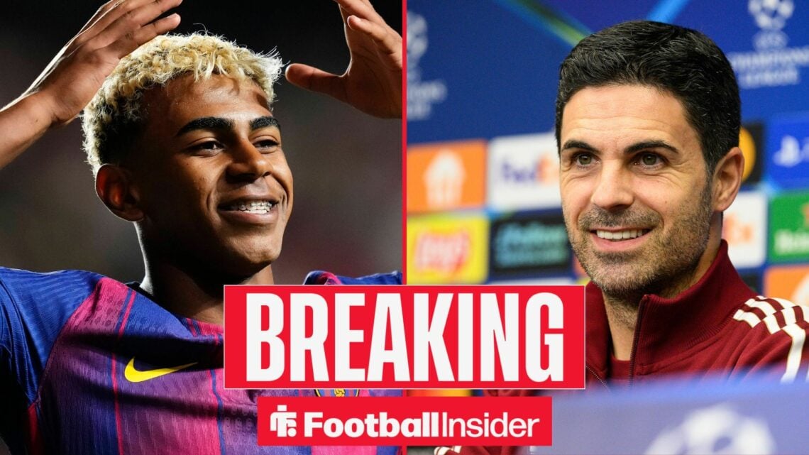 Barcelona winger Lamine Yamal celebrates with Arsenal manager Mikel Arteta smiles