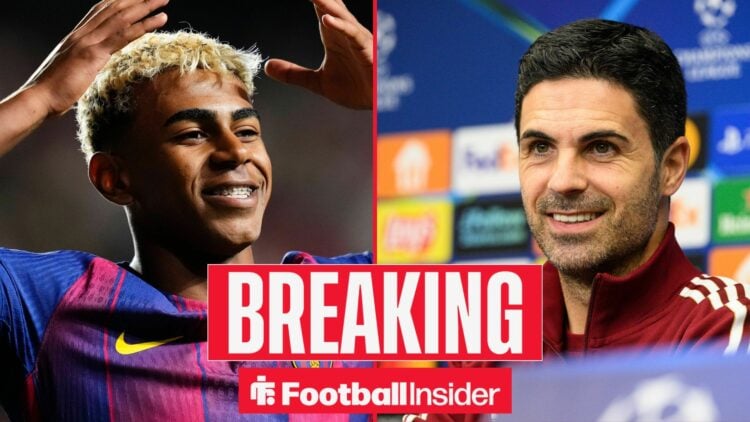 Barcelona winger Lamine Yamal celebrates with Arsenal manager Mikel Arteta smiles