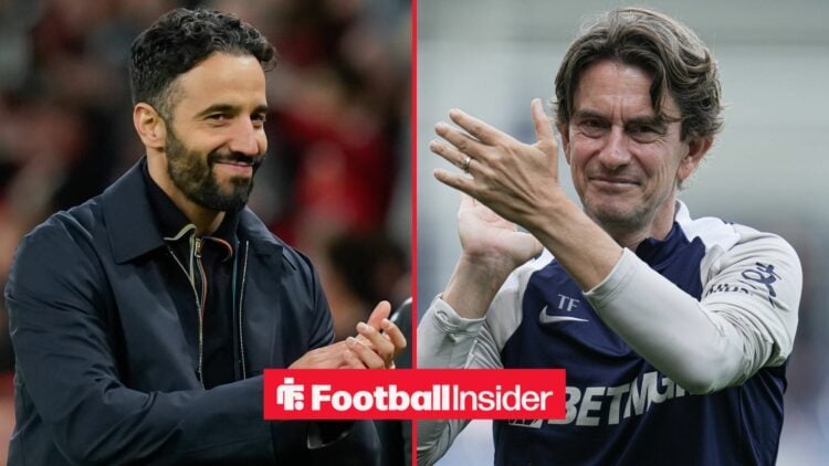 Manchester United manager Ruben Amorim smiles with Tottenham manager Thomas Frank claps