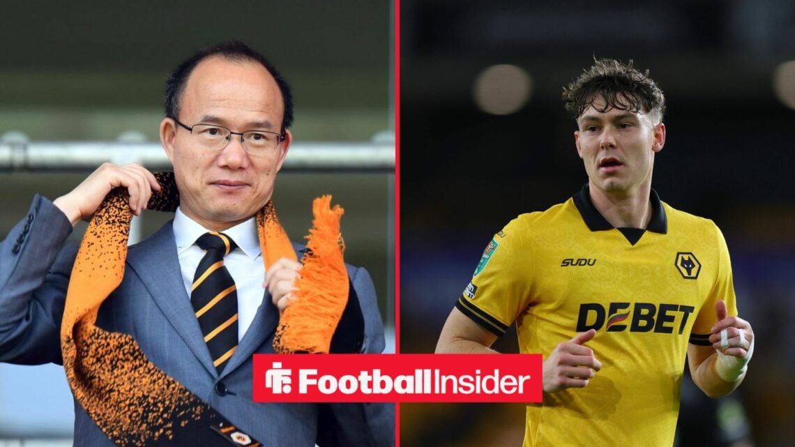 Guo Guangchang looking at Jorgen Strand Larsen on right