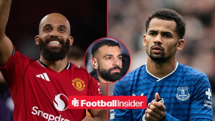 Manchester United striker Bryan Mbeumo celebrates with Everton winger Iliman Ndiaye claps and Liverpool winger Mohamed Salah inset