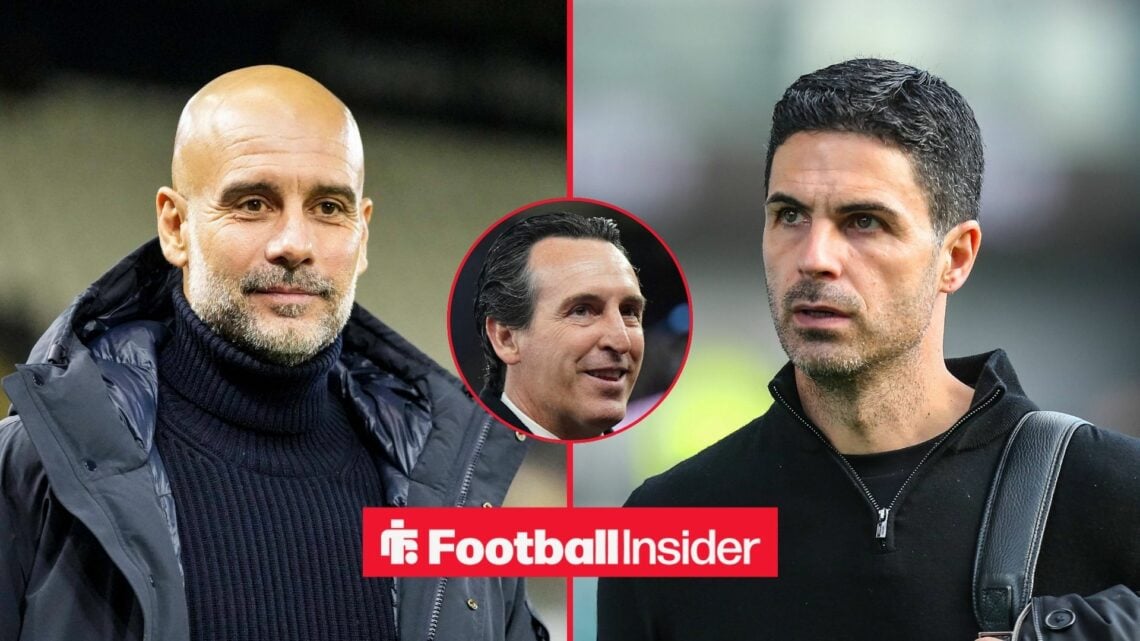Manchester City manager Pep Guardiola with Arsenal manager Mikel Arteta and Aston Villa manager Unai Emery inset
