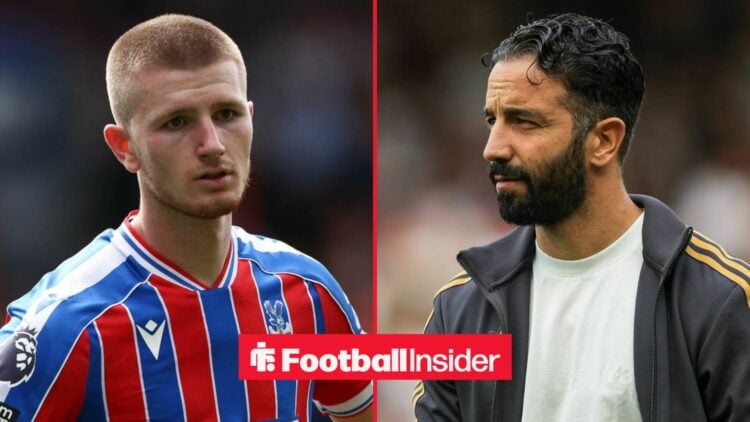 Adam Wharton in action for Crystal Palace, with Ruben Amorim in a circular inset