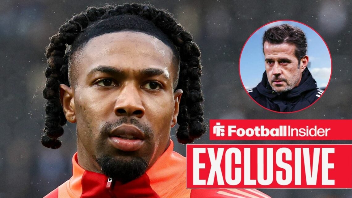 Football Insider exclusive as Fulham winger Adama Traore stares towards a circular inset, where Marco Silva watches on.