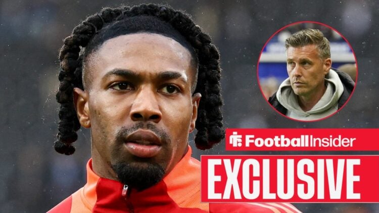 Football Insider exclusive as Adama Traore is in action for Fulham, while Wolves manager Rob Edwards watches in a circular inset.