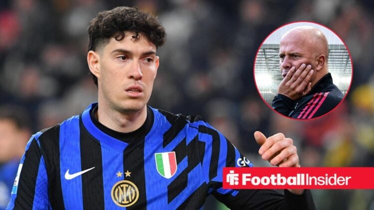 Alessandro Bastoni in action for Inter Milan, with Arne Slot in a circular inset