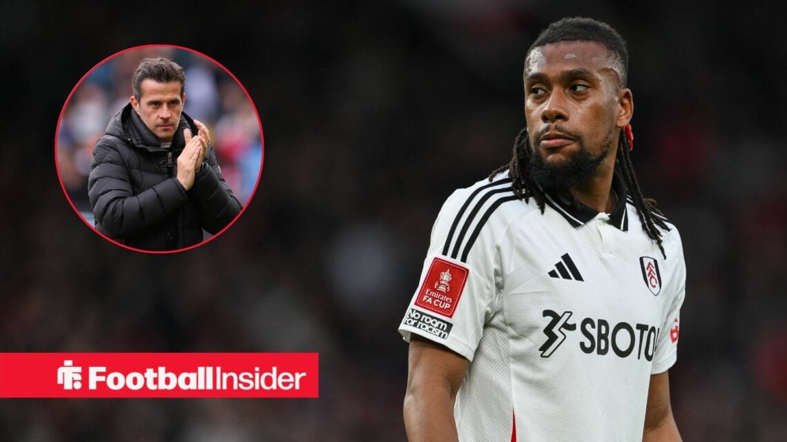 Alex Iwobi playing for Fulham, Marco Silva in a circular inset