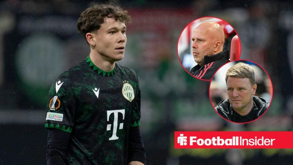 Alex Toth in action for Ferencvaros as Liverpool manager Arne Slot and Newcastle boss Eddie Howe watch on from circular insets.