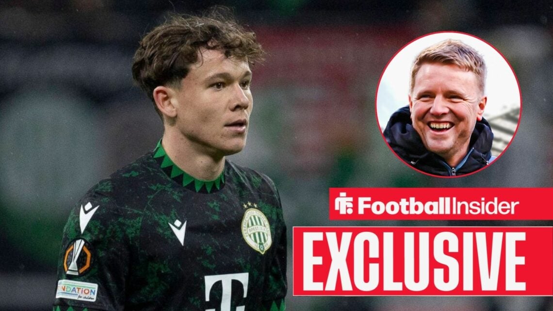 Alex Toth looking focused on the left with Eddie Howe smiling on the right for Newcastle