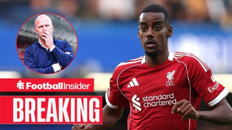 Alexander Isak playing for Liverpool, Arne Slot in a circular inset
