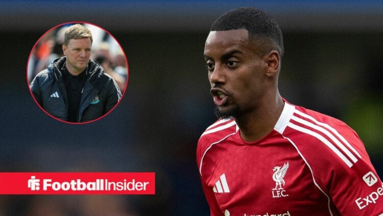 Alexander Isak playing for Liverpool, Eddie Howe in a circular inset