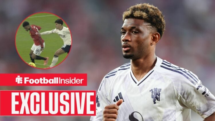 Amad Diallo playing for Man United, penalty call in a circular inset