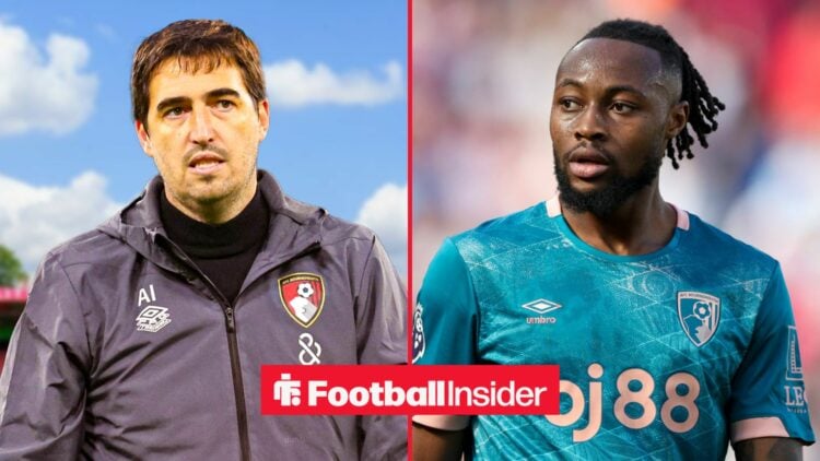 A split image as Bournemouth manager Andoni Iraola glances across at Antoine Semenyo, who is in action during a game.