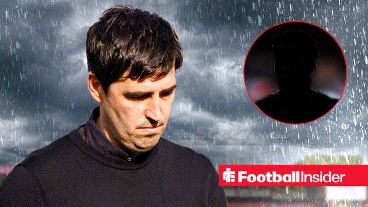 Andoni Iraola looking sad on the left at a rainy Vitality Stadium with Justin Kluivert's silhouette on the right