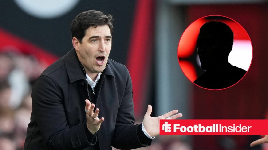 Andoni Iraola shouting on the left for Bournemouth with Marcus Tavernier's silhouette on the right