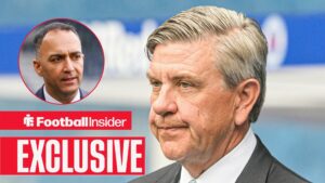 Football Insider exclusive as Rangers chairman Andrew Cavenagh stares towards vice-chairman Paraag Marathe, who watches on from a circular inset.