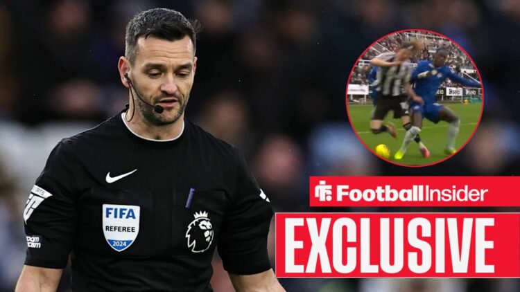 Referee Andy Madley, Trevoh Chalobah's challenge on Anthony Gordon in a circular inset