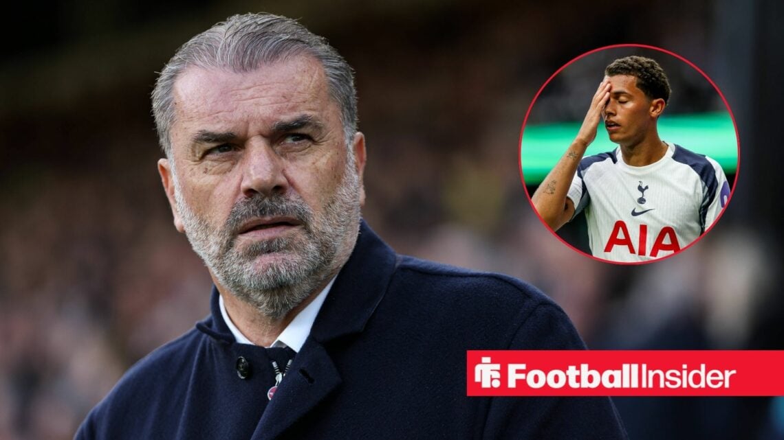 Ange Postecoglou looking serious on the left with Brennan Johnson with his head in his hands for Tottenham