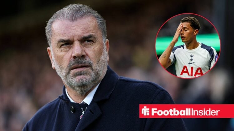 Ange Postecoglou looking serious on the left with Brennan Johnson with his head in his hands for Tottenham