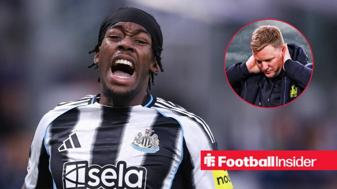 Anthony Elanga looking frustrated at Newcastle, with Eddie Howe in a circular inset