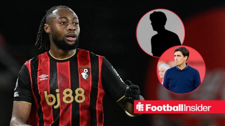 Antoine Semenyo playing for Bournemouth, Alex Scott's silhouette and Andoni Iraola in circular insets