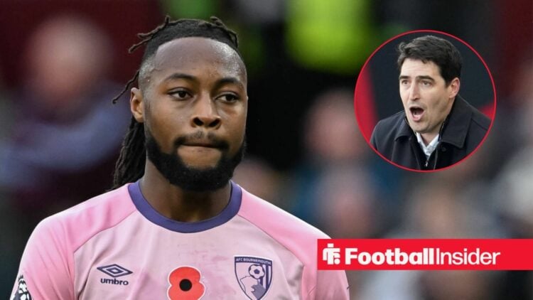 Antoine Semenyo in action for Bournemouth, with Andoni Iraola in a circular inset