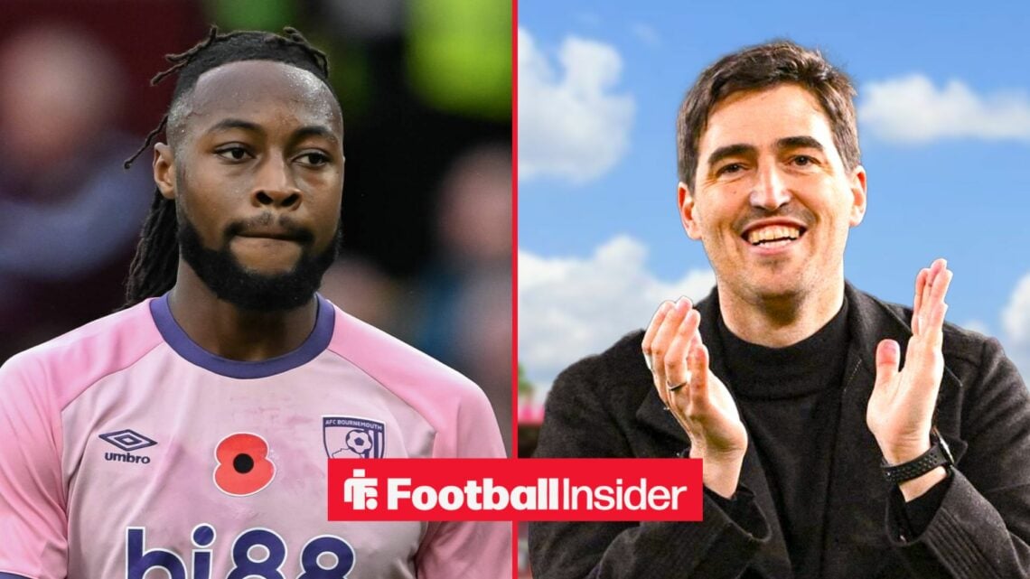 Antoine Semenyo in action for Bournemouth, with Andoni Iraola applauding at the Vitality Stadium