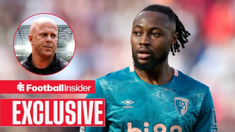 Football Insider exclusive as Antoine Semenyo is in action for Bournemouth, as Liverpool manager Arne Slot watches on from a circular inset.