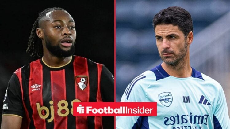 Antoine Semenyo in action for Bournemouth, with Mikel Arteta in a circular inset