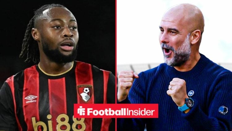 Antoine Semenyo in a Bournemouth shirt alongside Pep Guardiola celebrating